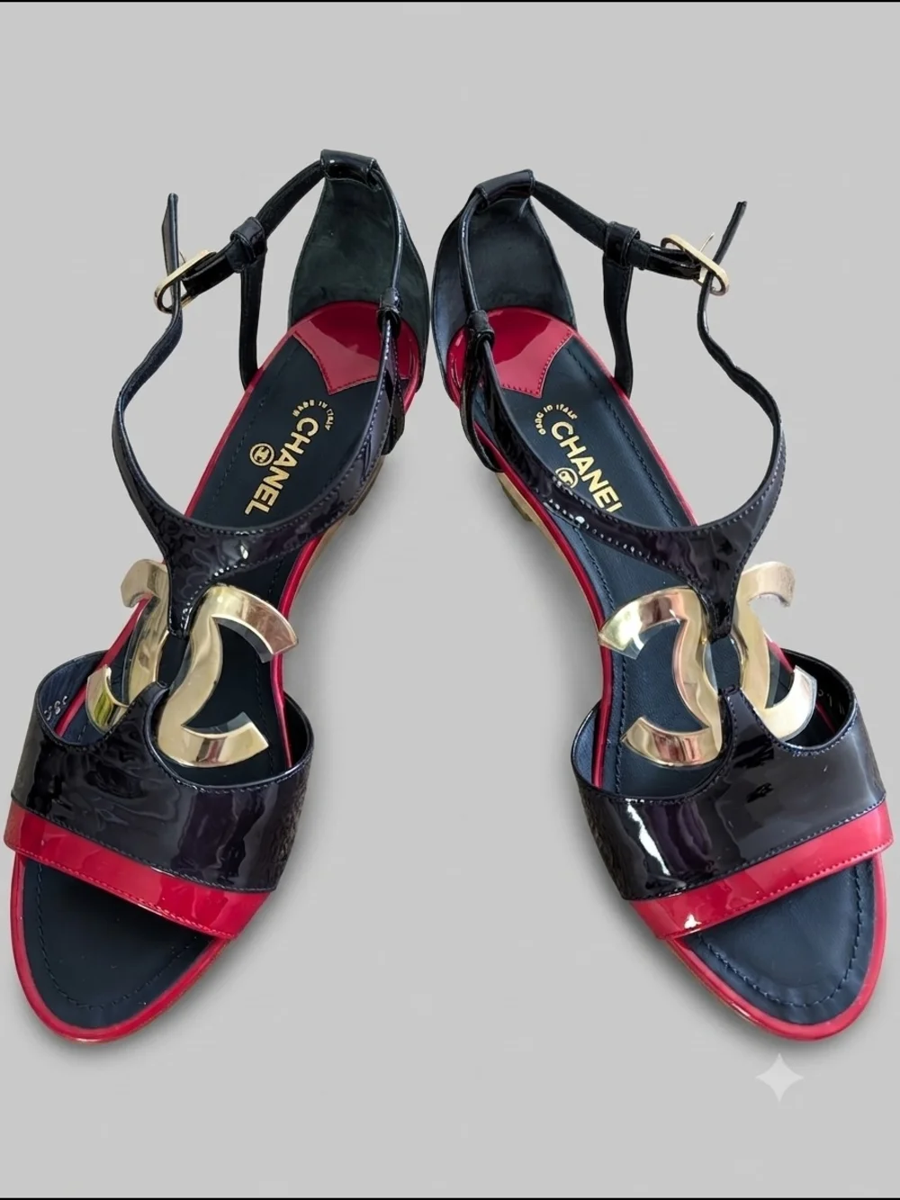 Chanel Navy and Red Patent Leather Sandals with Silver CC Logo